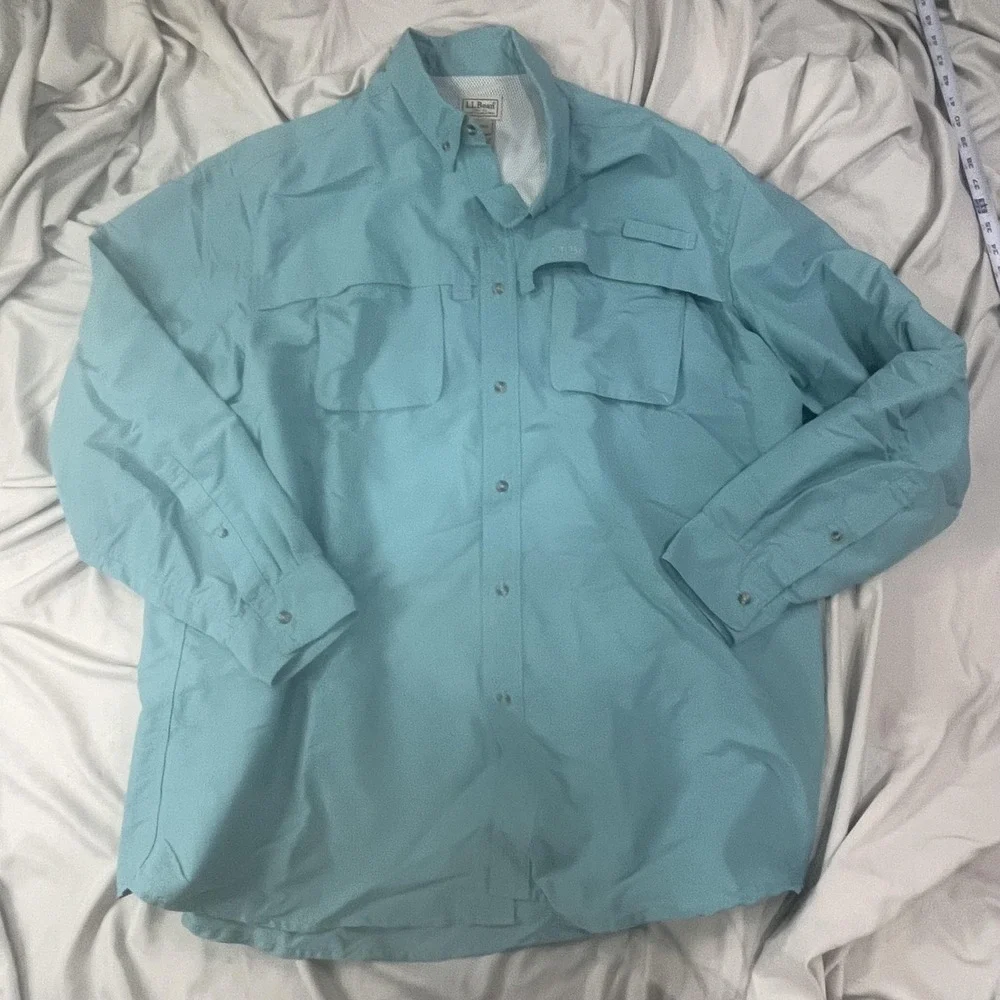 L.L. Bean Shirt Mens 2XLT Blue Snap Front Vented Fishing Button Down Nylon